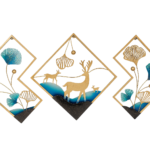 Gold Deer Metal Wall Art Set, Blue Ginkgo Leaf Sculpture, Nordic Home Decor