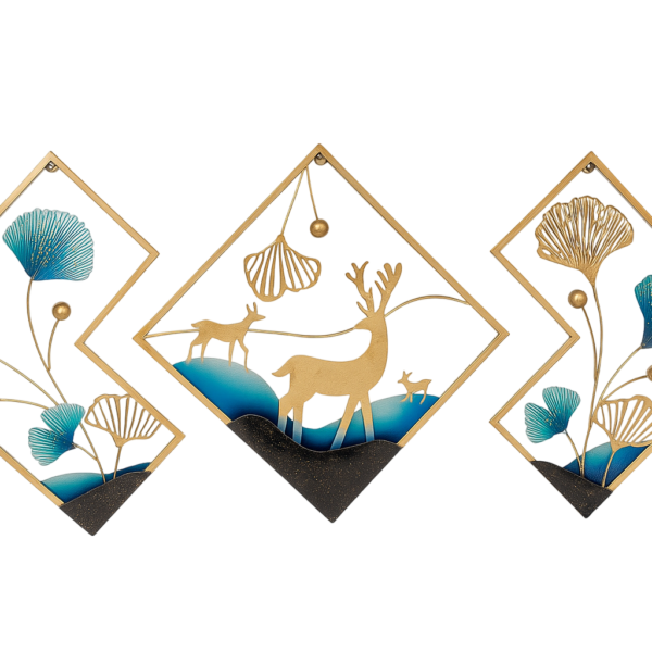 Gold Deer Metal Wall Art Set, Blue Ginkgo Leaf Sculpture, Nordic Home Decor