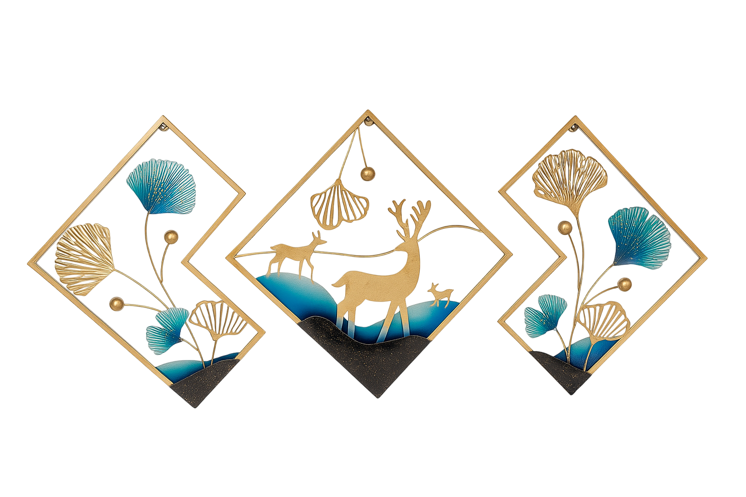 IMG_1885-Photoroom Gold Deer Metal Wall Art Set, Blue Ginkgo Leaf Sculpture, Nordic Home Decor - Image 1