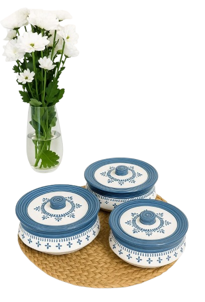 Blue Pattern Ceramic Serving Bowl Set with Lids, Handmade Style Kitchen Dish, Casserole Serving,